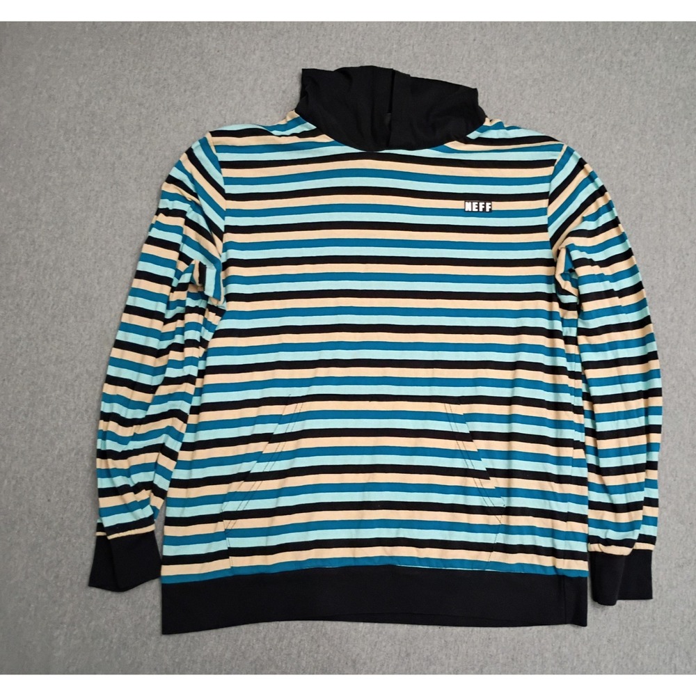 Neff Mens Striped Lightweight Hooded Blue Tan Black Long Sleeve Pullover Large